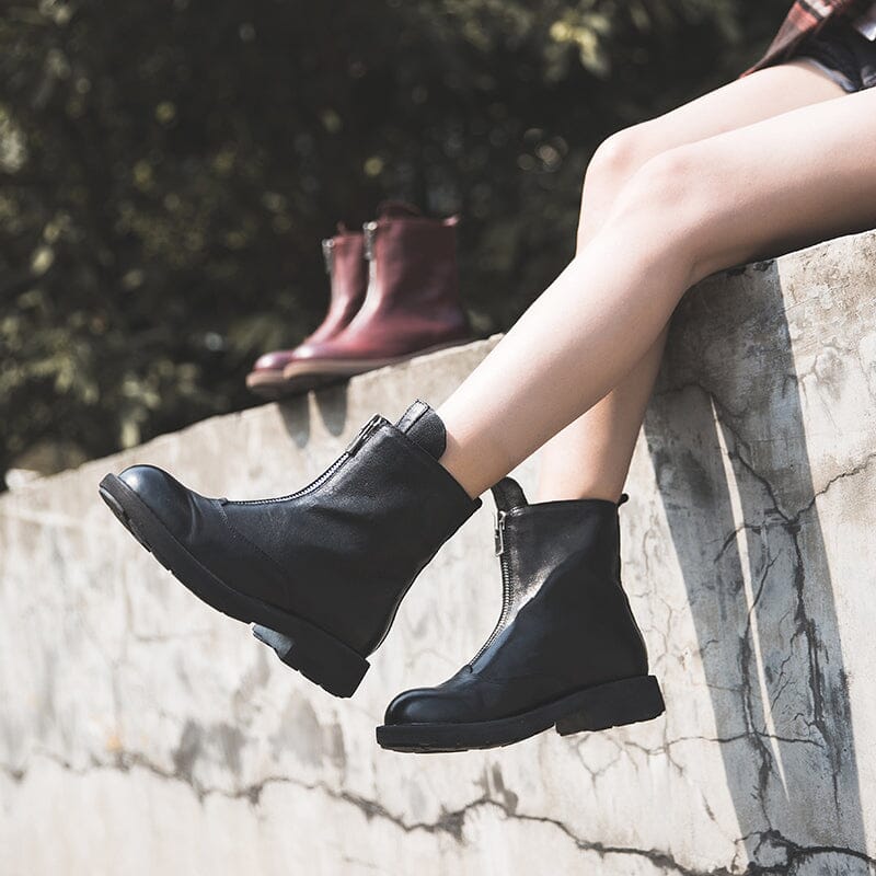 Leather Ankle Boots Comfortable Walking Round Boots Up Zip in Brown/Black