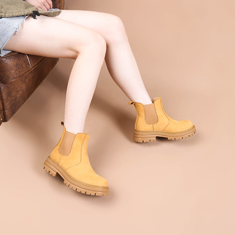 Women's Handmade Chelsea Boot in Nubuck Calfskin Waterproof in Yellow Platform
