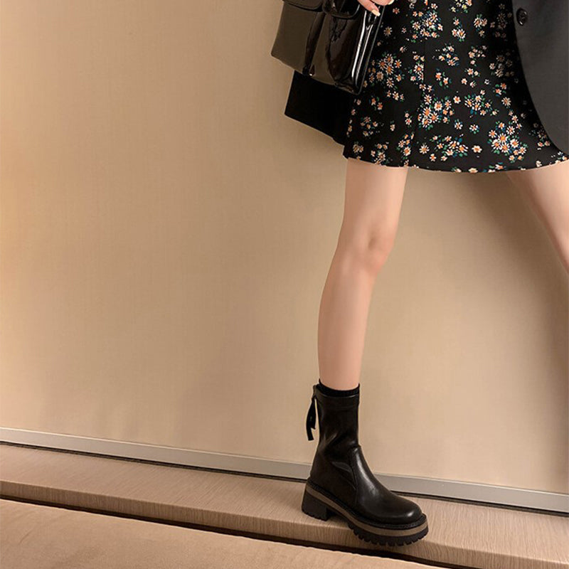 Classic Platform Chelsea Boots Handmade Genuine Leather Stretch Boots in Black/Coffee