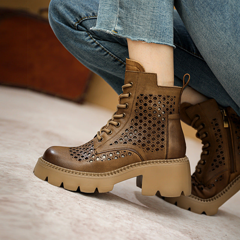 Women's Ankle Booties Round Toe Design Cut Out Boots Brown/Khaki