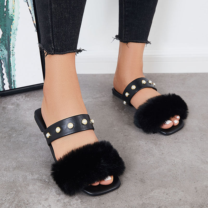 Summer Faux Fur Slippers Slide Sandals Square Toe Flats Shoes