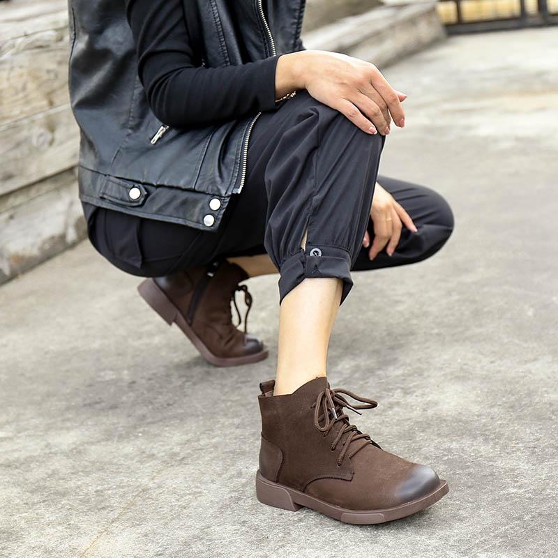 Handmade Nubuck Leather Ankle Boots Retro Round Toe Short Boots Coffee/Black