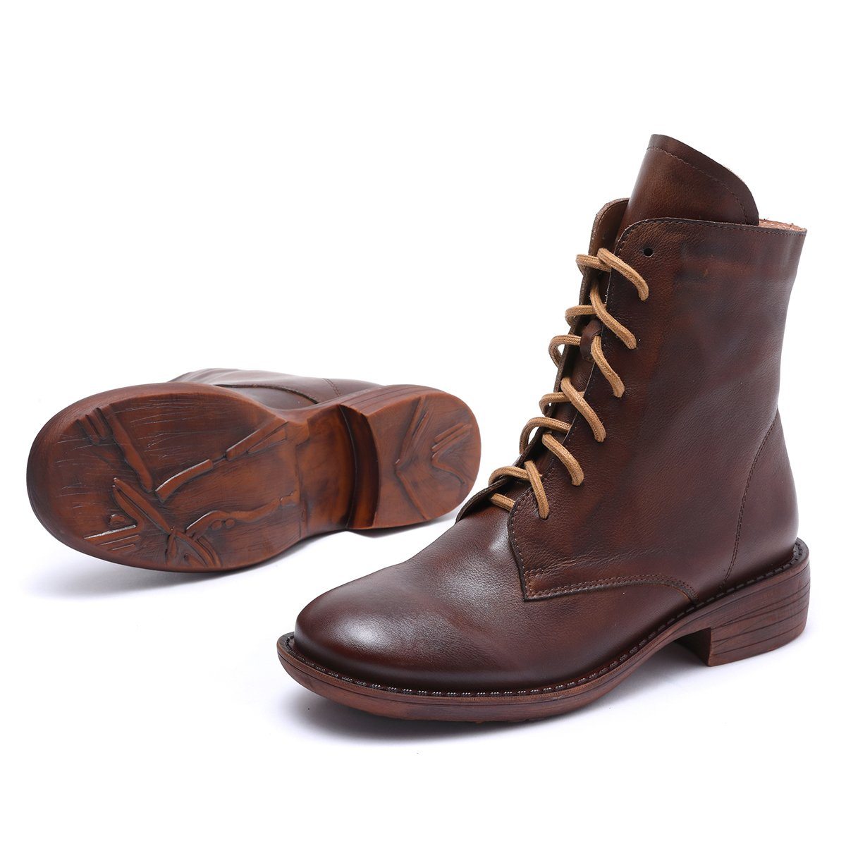 Winter Boots Handmade Genuine Leather Lace-Up Combat Boots Retro Boots Chunky Ankle Boots Black/Coffee