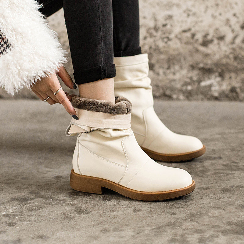 Soft Leather Mid Calf Boots Fold Design Riding Boots Short Plush Lined For Winter