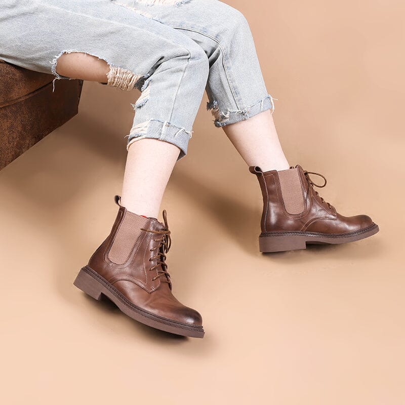 Handmade Boots Women Leather Lace-Up Oxfords Round Toe Chunky Ankle Booties