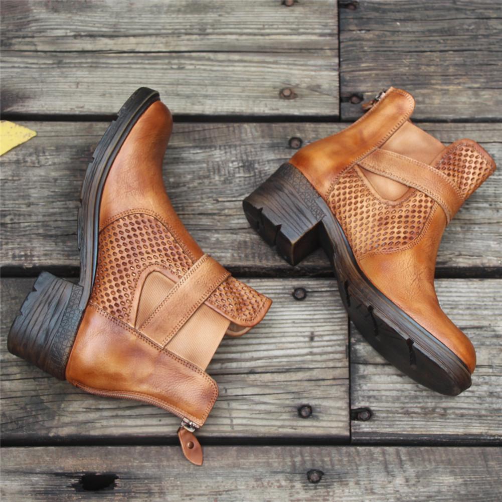 Women'S Handmade Leather Ankle Boots Comfortable Walking Retro Boots With Buckles Brown