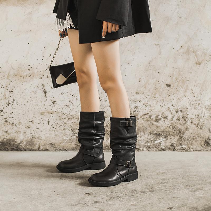 Waxing Leather Mid Calf Boots Fold Design Riding Boots Short Plush Lined Or Leather For Choice Apricot/Brown/Black