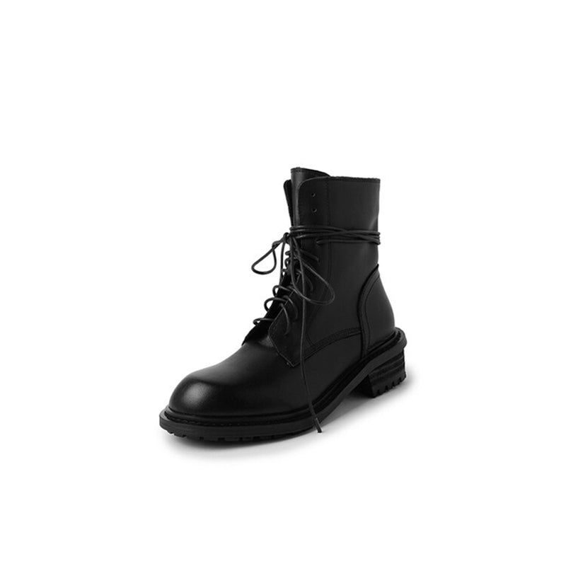 Cow Leather Combat Boots Designer Retro Chunky Lace up Boots Back Zip Brown/Black
