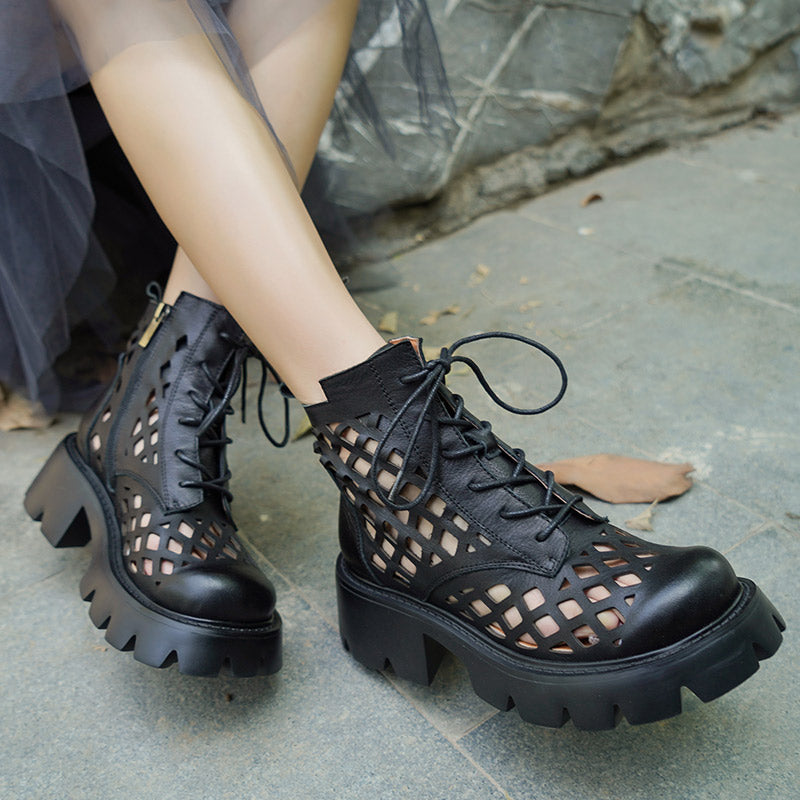 Handmade Genuine Leather Hollow Out Boots Women Summer Boots Side Zipper Chunky Heels Black/Brown