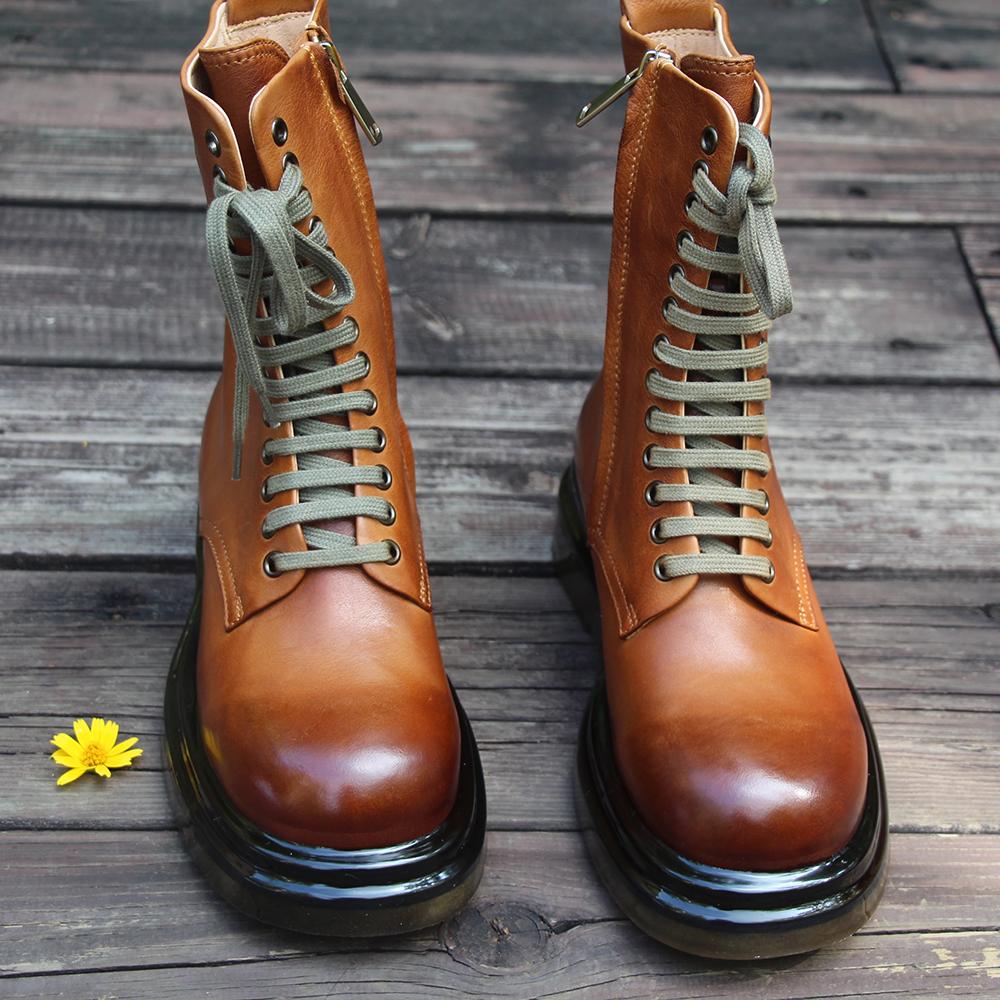 Retro Short Boots Handmade Genuine Leather Boots Women Biker Boots Lace-Up Combat Boots Chunky Ankle Boots 2020 Winter Boots Camel