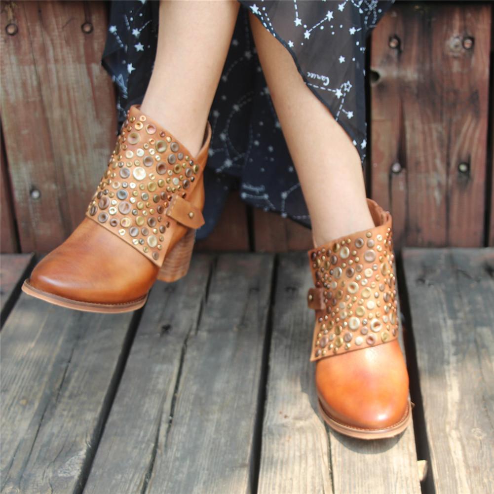 Women Leather Heeled Ankle Boots Retro Rivet Comfortable Walking Pointed Toe Camel