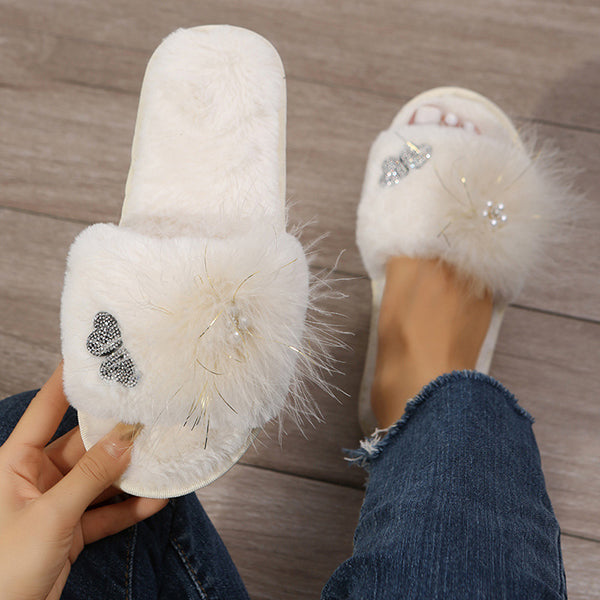 Rhinestone Embrellished Fluffy Flat Slippers