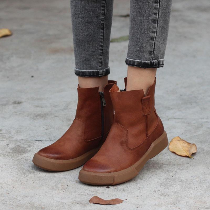 Retro Cowhide Boots Women Comfy Zip Walking Boots Brown/Black