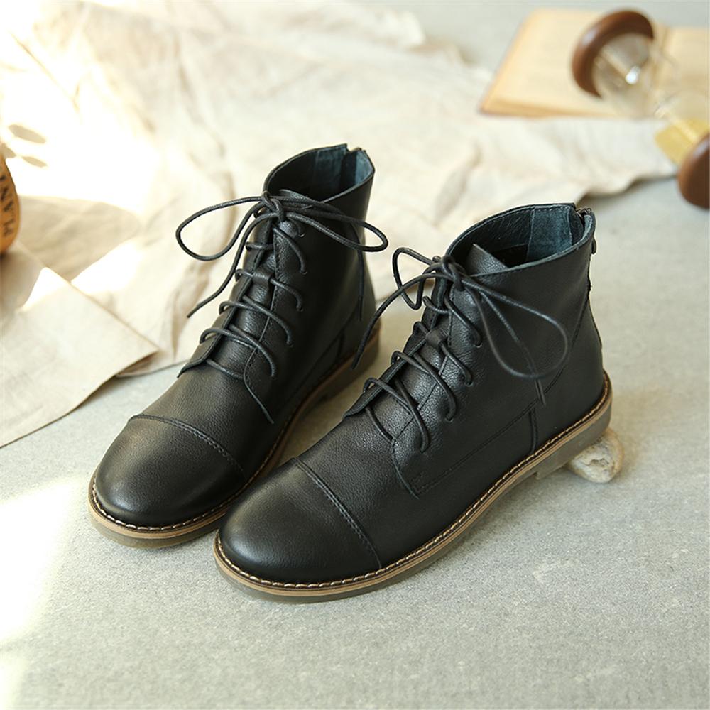 Retro Leather Women'S Boots Handmade Lace-Up Round Toe Flat Ankle Booties Black/Grey