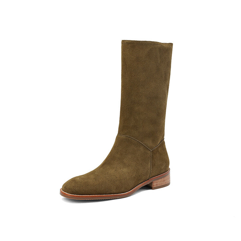 Womens Suede Leather Mid Calf Boots In Green/Black/Brown