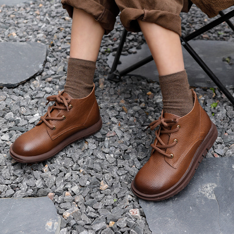 Handmade Brown Retro Leather Oxford Shoes for Women Flat Ankle Boots Lace Up Short Booties