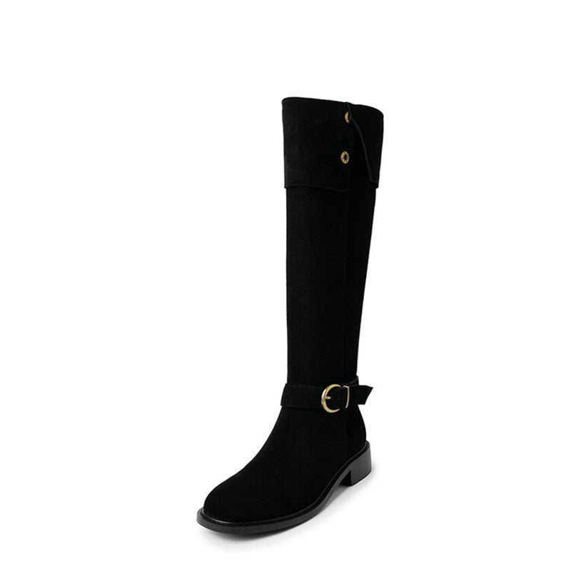 Womens Suede Leather Knee High Boots 75mm Block Heel In Black/Apricot