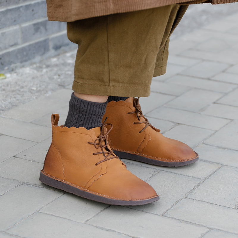 Women's Leather Booties Round Toe Lace-Up Flat Ankle Boots Handmade in Brown/Coffee