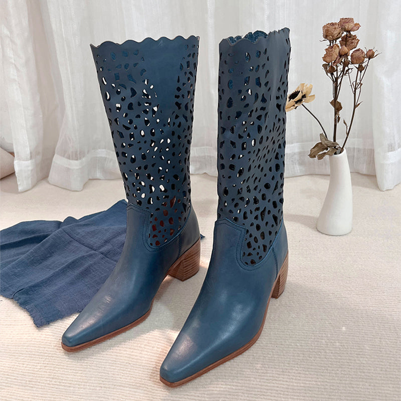 Womens Western Boots Block Heel - Blue Cowgirl Boots All Genuine Leather