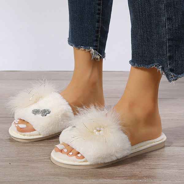 Rhinestone Embrellished Fluffy Flat Slippers