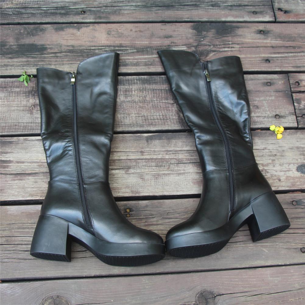 Women Leather Handmade Knee-Length Boots With Chunky Heel Short Plush Lining