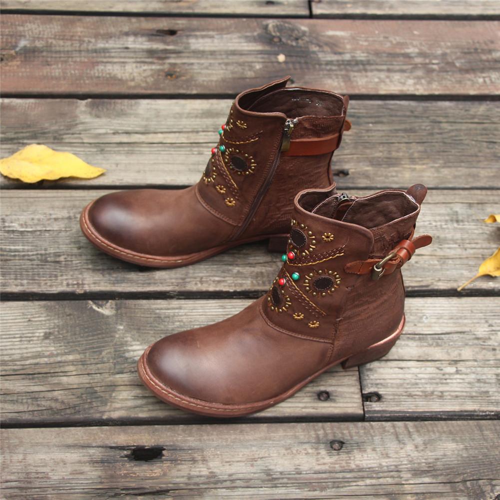 Women Leather Ankle Boots Retro Rivet Comfortable Walking Round Toe Coffee