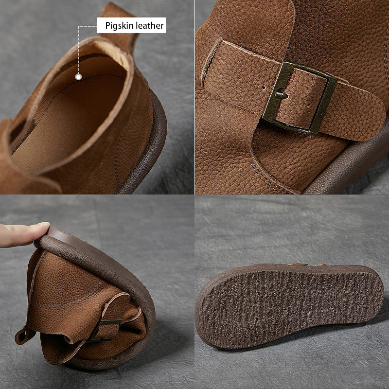 Women's Ankle Boots Leather Round Toe Retro Flat Shoes Casual Buckle Boots Khaki/Coffee