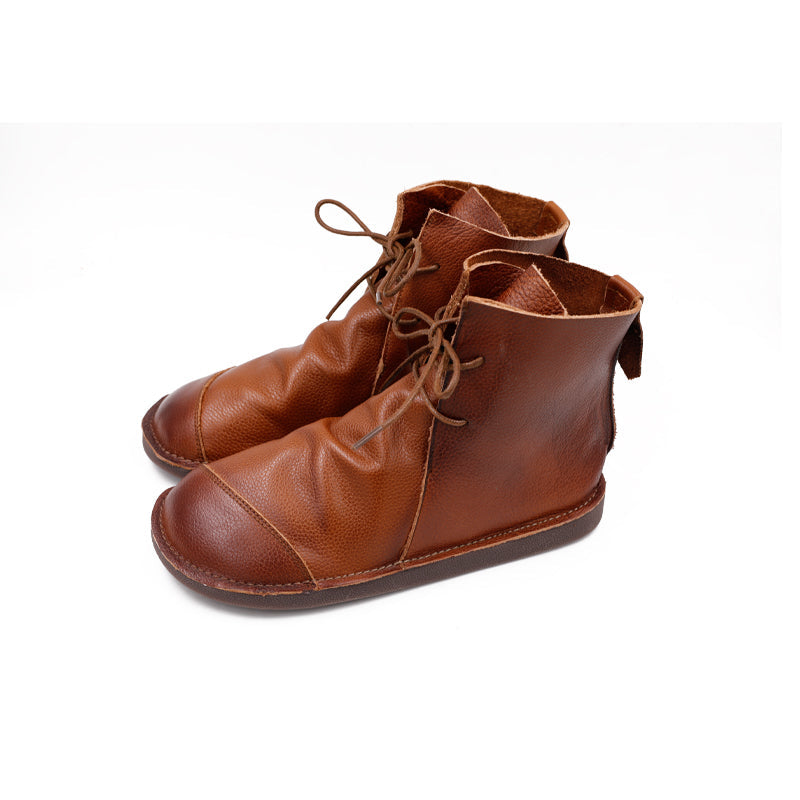 Handmade Women Calf Leather Booties Round Toe Lace-Up Flat Shoes Ankle Boots Brown/Coffee