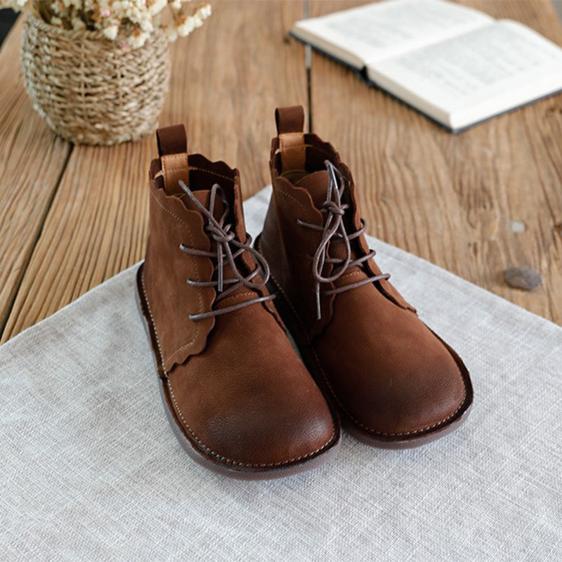 Women's Leather Booties Round Toe Lace-Up Flat Ankle Boots Handmade in Brown/Coffee