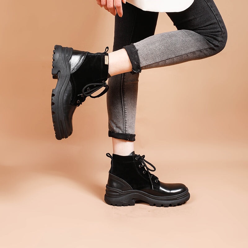 Leather Boots Designer Retro Chunky Riding Boots Handmade in Black/Black Short Plush