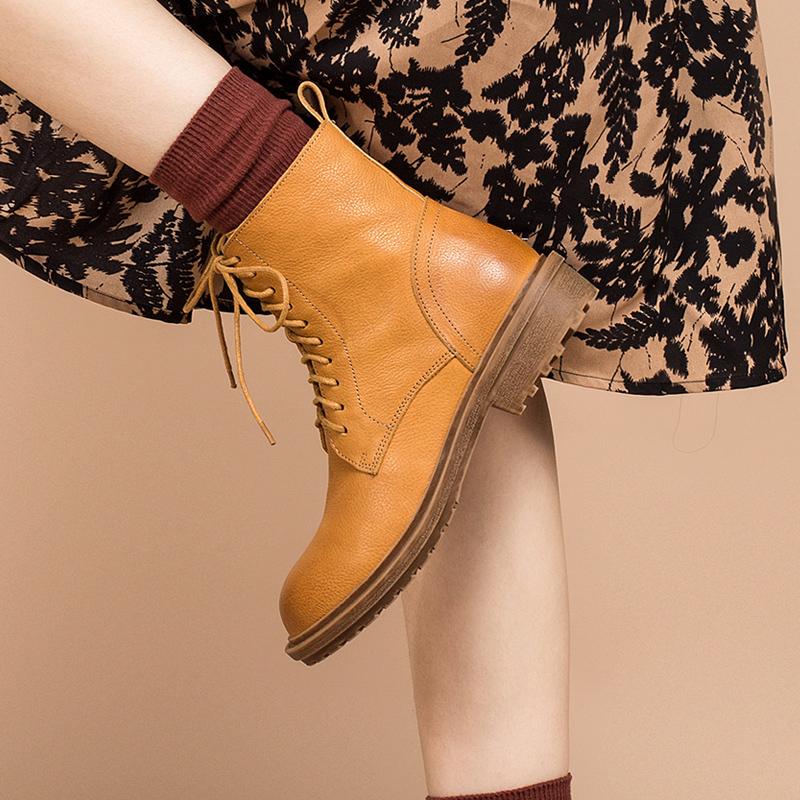 Retro Leather Combat Boots Designer Retro Chunky Riding Boots Side Zip Handmade Dark Yellow/Coffee/Black