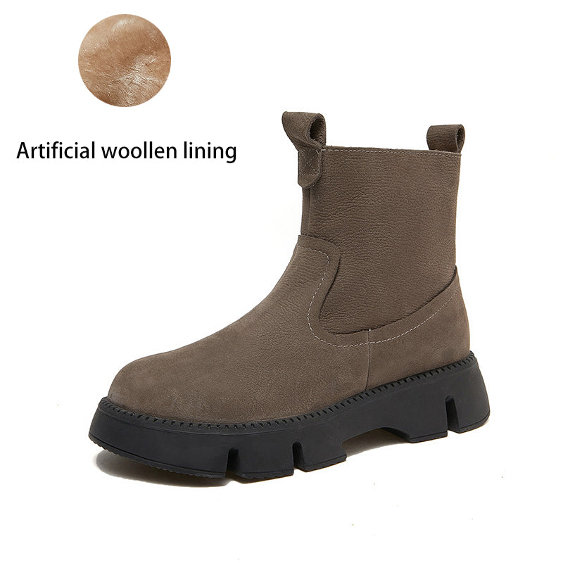Retro Cowhide Chunky Boots Women Comfy Zip Walking Boots Gray/Apricot