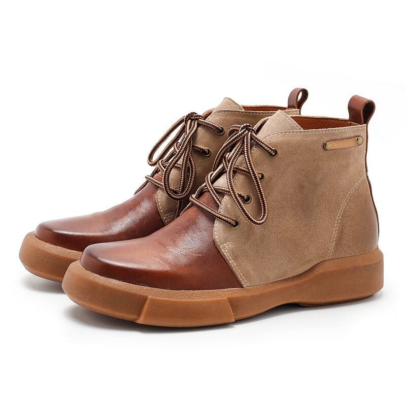 Womens Boots Lace Up Vegetable Tanned Leather Ankle Boots in Coffee/Coffee Short Plush