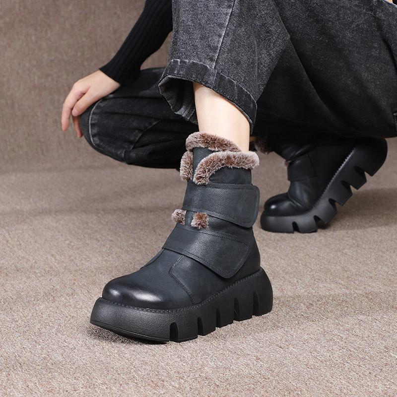 Winter Boots Plush Warm Genuine Leather Hook & Loop Round Toe 2021 New Handmade Ankle Platform Boots