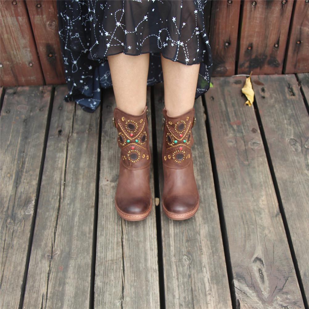 Women Leather Ankle Boots Retro Rivet Comfortable Walking Round Toe Coffee