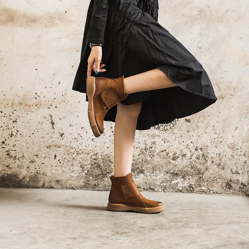 Waxing Leather Boots Velcro Ankle Boots Leather and Short Plush For Choice Black/Coffee