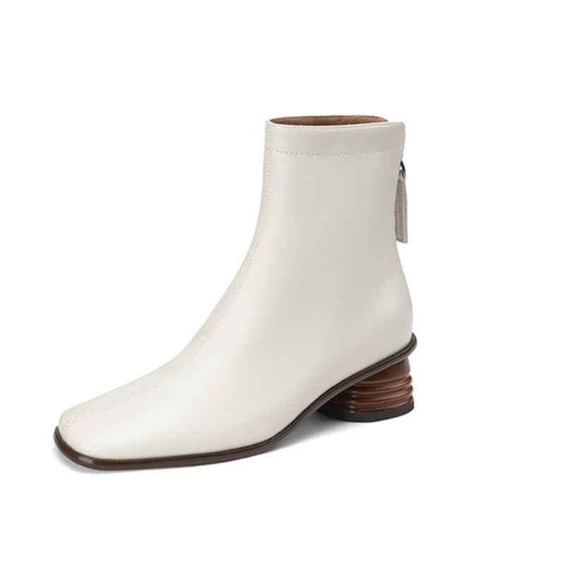 Classic Elegant Chelsea Boots Mid Heel Back Zipper Stretch Boots Square Toe Sock Boots White/Khaki