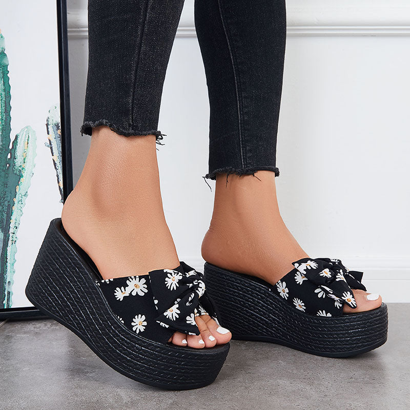 Platform Wedge Sandals Bowknot Slides Casual Open Toe Slip on Dress Slippers