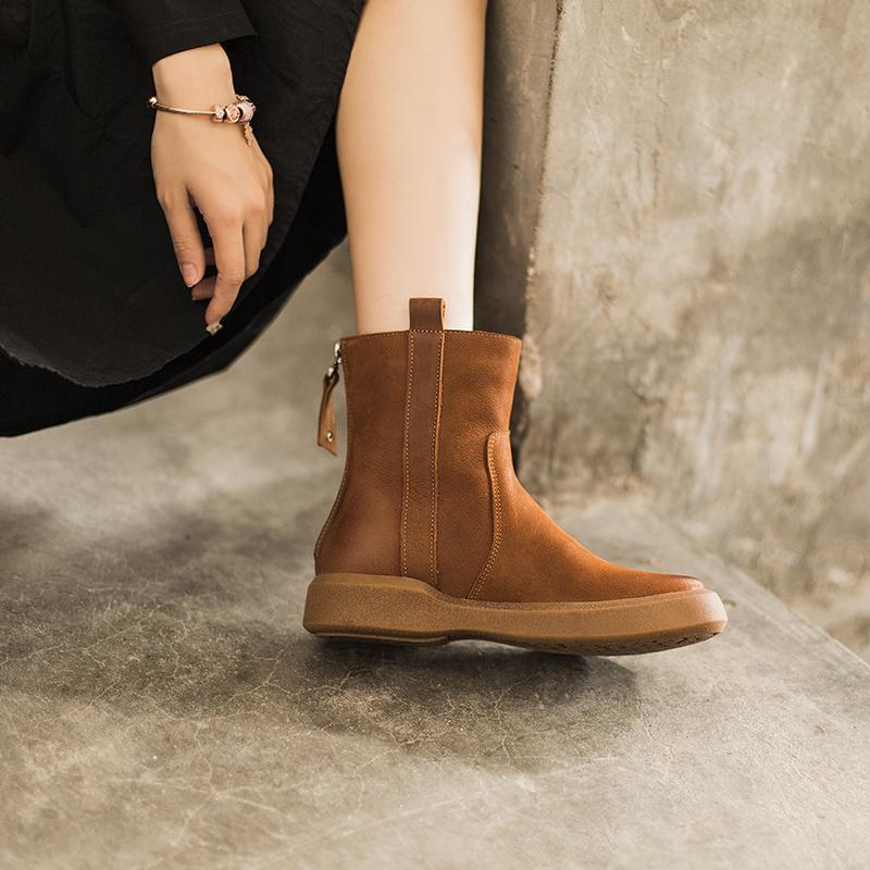Waxing Leather Chelsea Boots Handmade British Boots Back Zip Black/Coffee/Black Short Plush/Coffee Short Plush