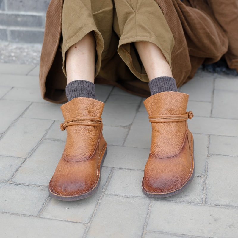 Retro Genuine Leather Soft Flat Boots For Women Round Toe Mori Girl Style Brown/Coffee