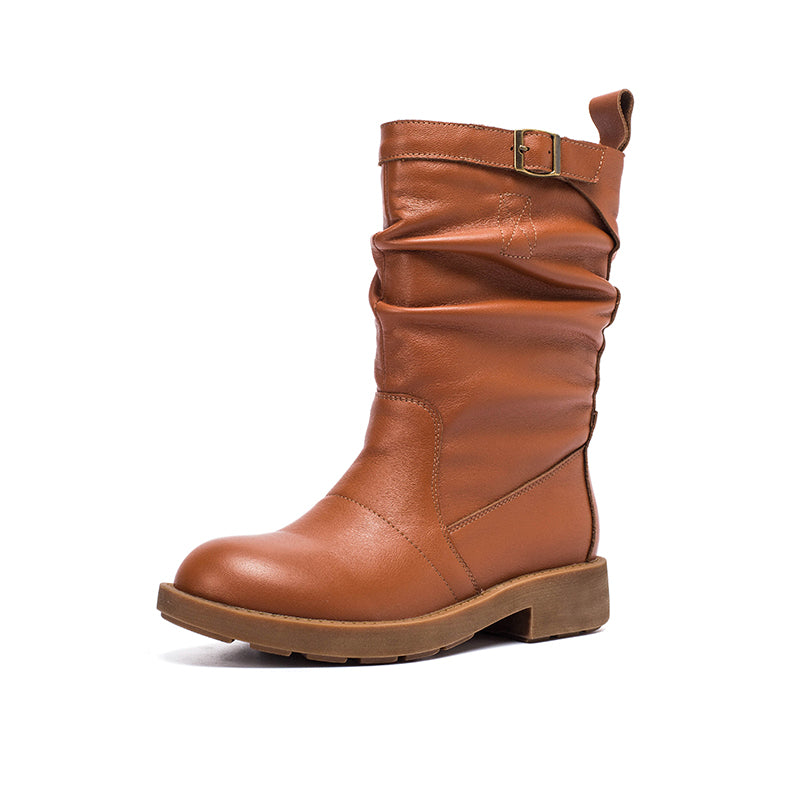 Soft Leather Mid Calf Boots Fold Design Riding Boots Short Plush Lined For Winter