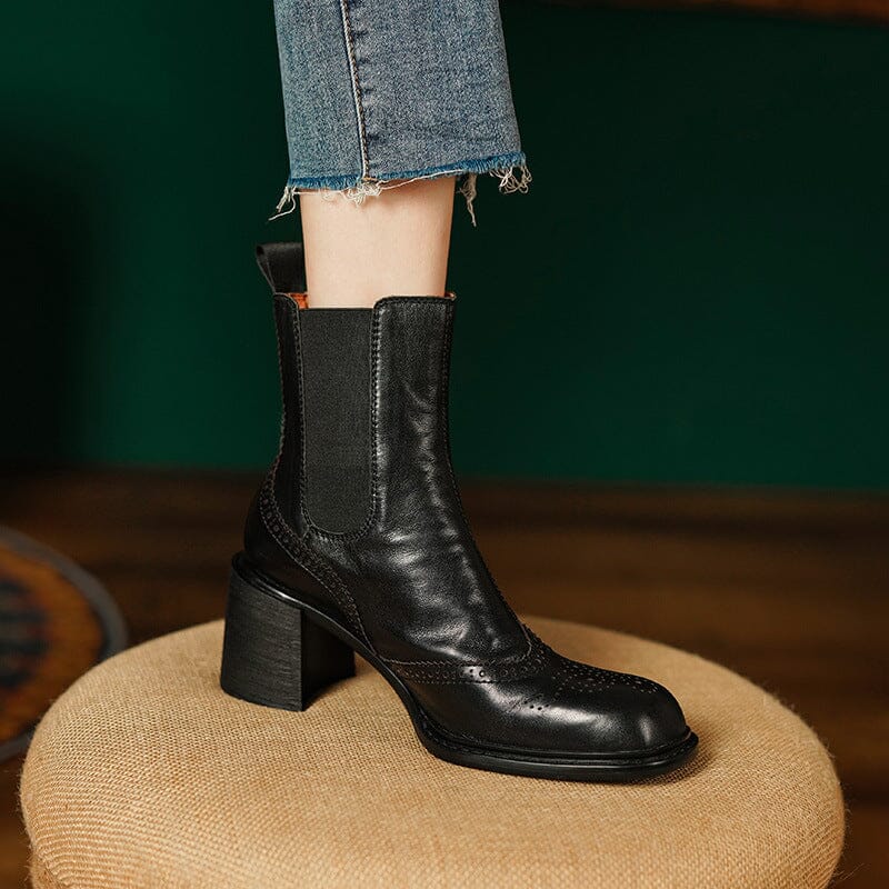 Leather Chelsea Boots Retro Round Toe Platform Ankle Boots Slimming Boots in Black