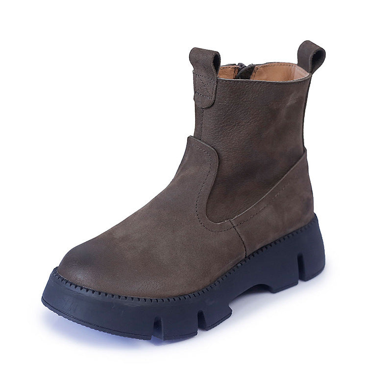 Retro Cowhide Chunky Boots Women Comfy Zip Walking Boots Gray/Apricot