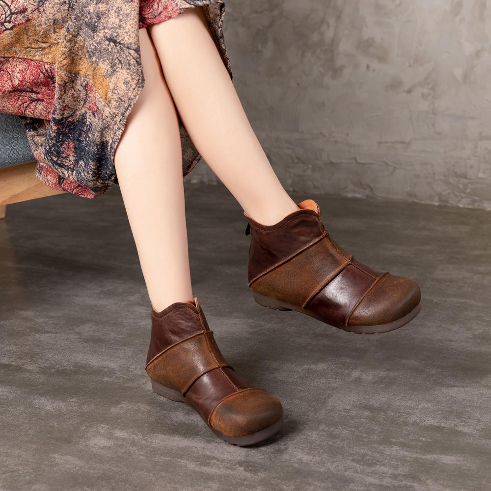 Retro Leather Ankle Boots With Zipper Splicing Craft Handmade Women Flat Shoes Black/Coffee