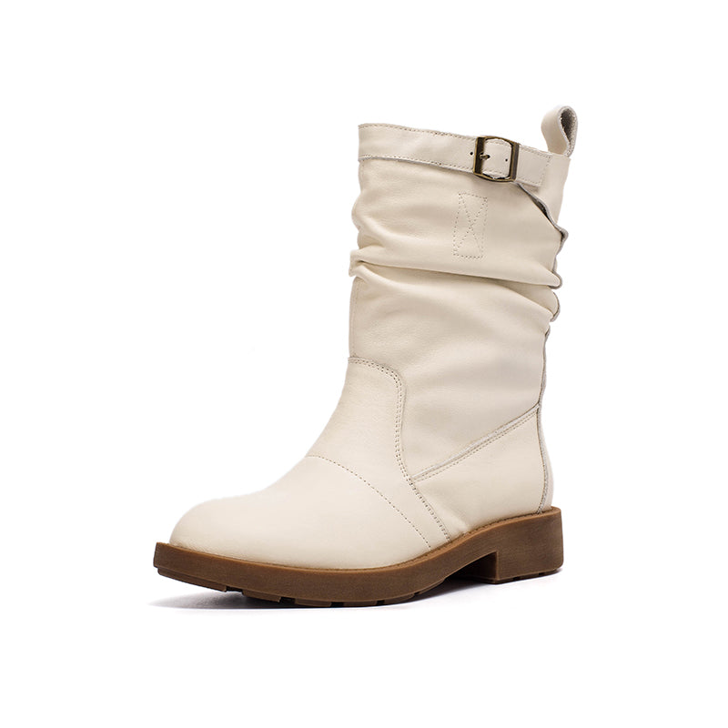 Soft Leather Mid Calf Boots Fold Design Riding Boots Short Plush Lined For Winter
