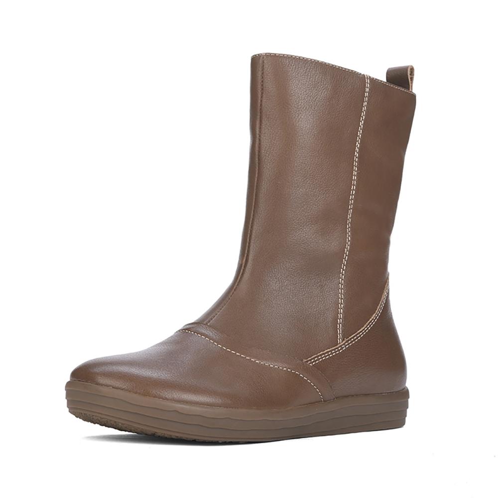 Wide Fit Handmade Leather Side Zip Calf Length Boots For Winter Designer Shoes Exquisite Suture Black/Khaki
