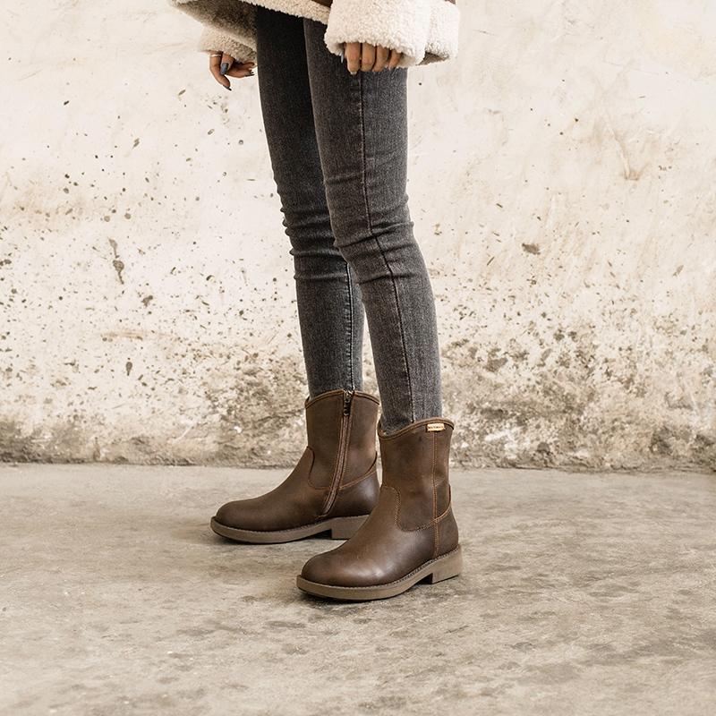 Western Cowboy Boots Handmade Leather Side Zip Snow Boots in Black/Coffee/Brown