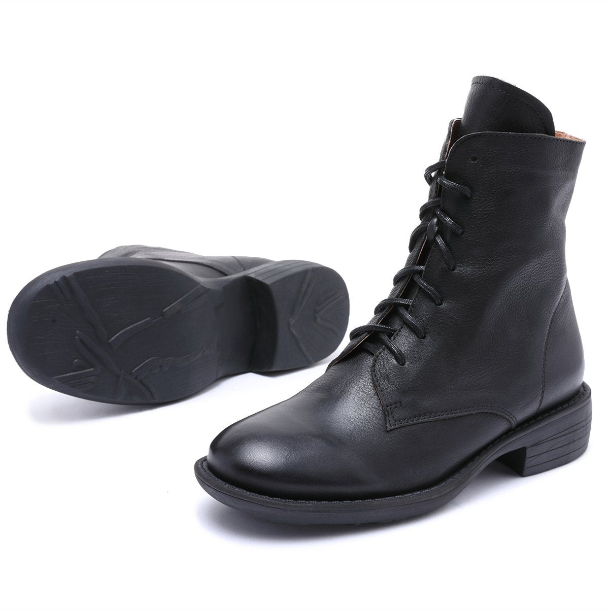 Winter Boots Handmade Genuine Leather Lace-Up Combat Boots Retro Boots Chunky Ankle Boots Black/Coffee
