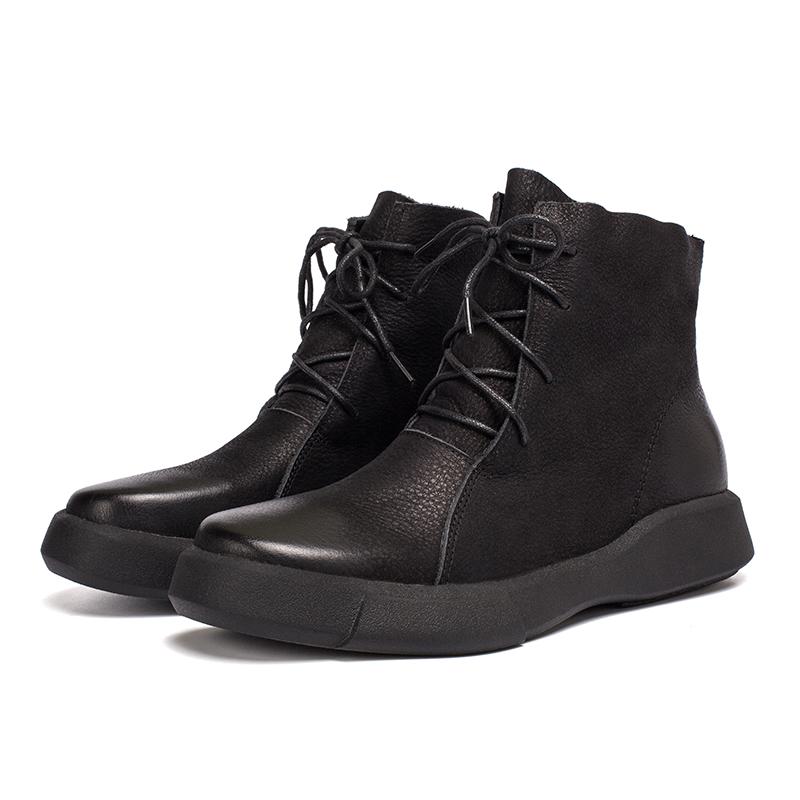 Lace Up Boots for Women Handmade Leather Flat Ankle Boots Brown/Coffee/Black