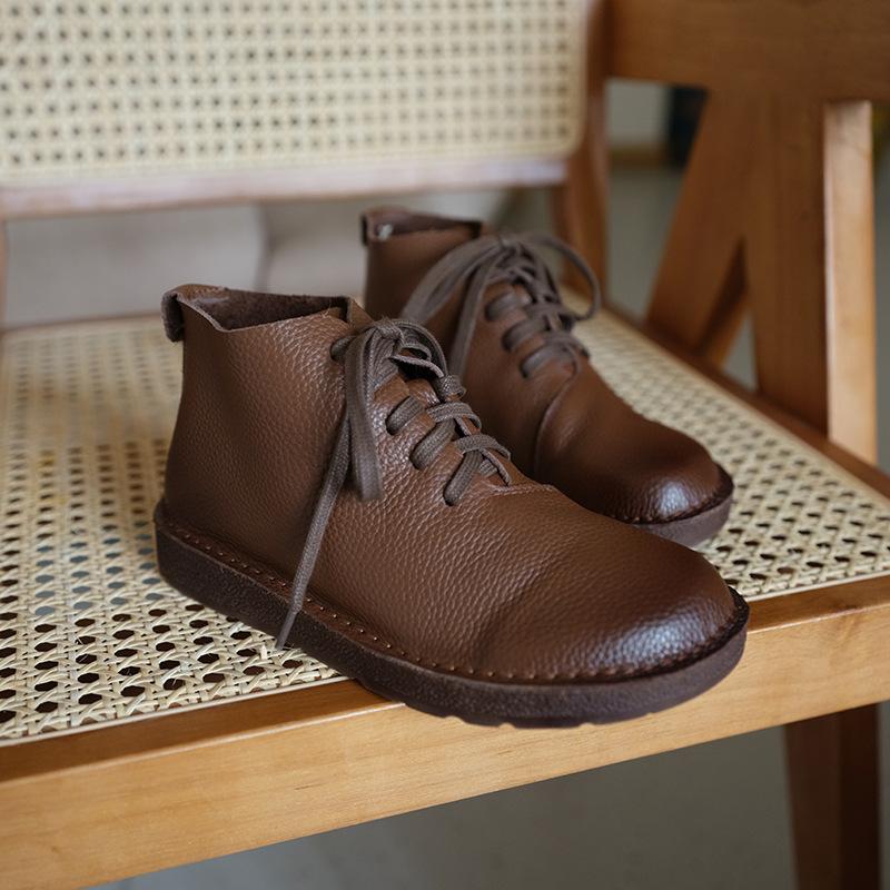 Handmade Genuine Leather Boots Lace-Up Combat Boots Retro Chunky Ankle Boots Coffee/Brown/Off White